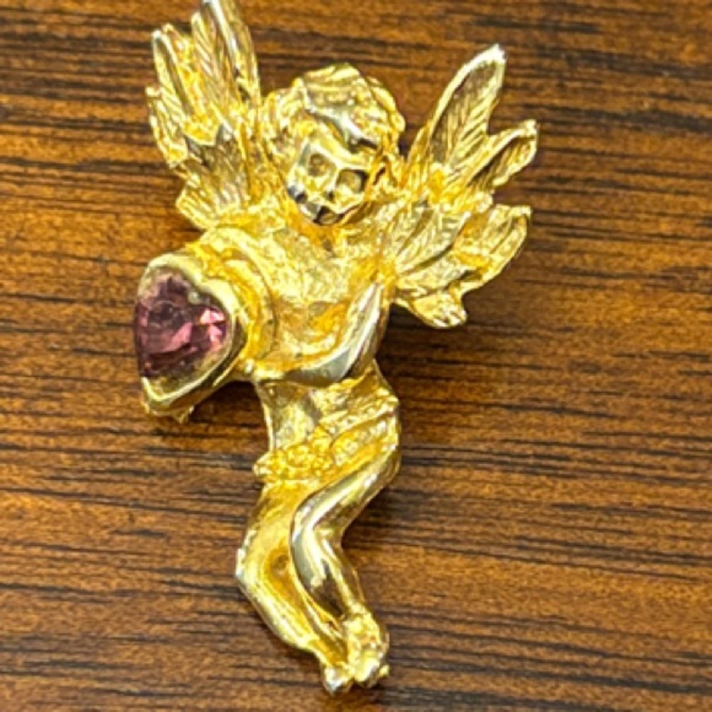 Gold-Tone Cherub Brooch with Pink Heart Gem